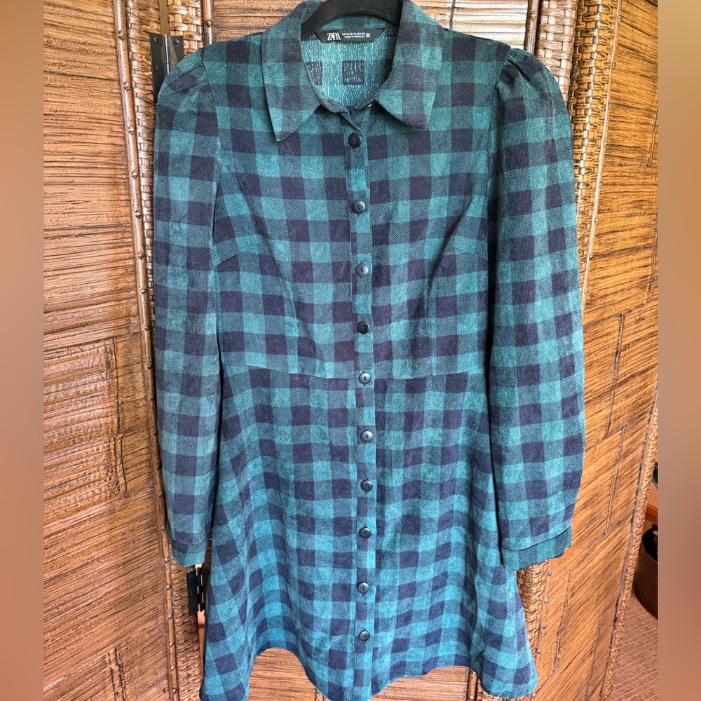Zara Corduroy Green and Black Plaid Shirt Dress - Picture 3 of 7